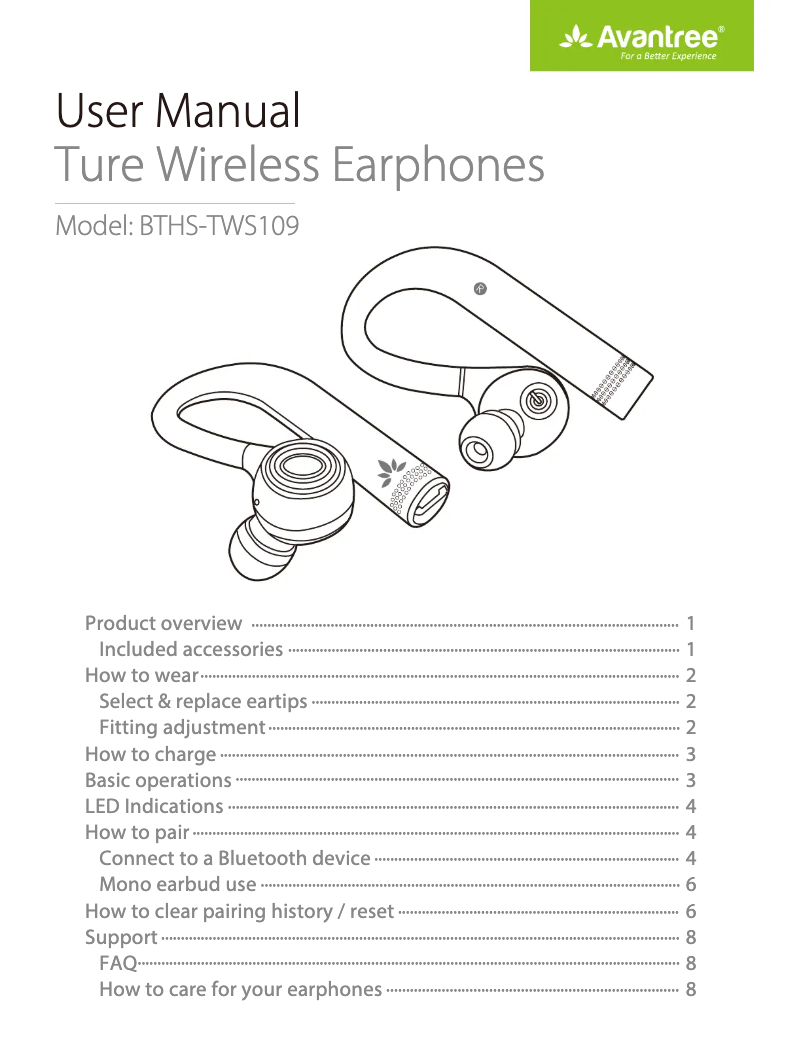 Page n°1 - Manuel utilisateur Avantree BTHS-TWS109