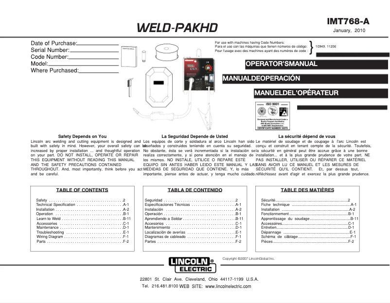 Página 1 del manual Manual de usuario Lincoln Electric WELD-PAK HD