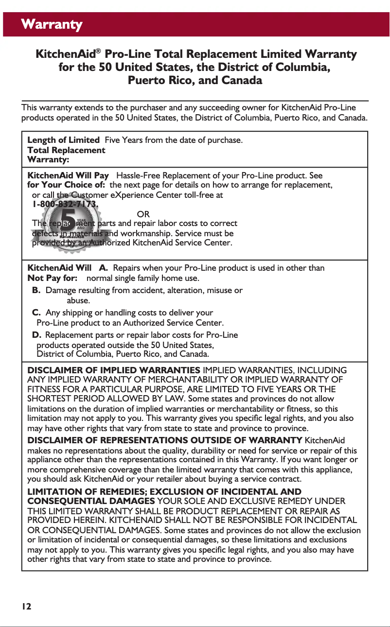 Page 1 de la notice Informations de garantie KitchenAid KMT2203OB