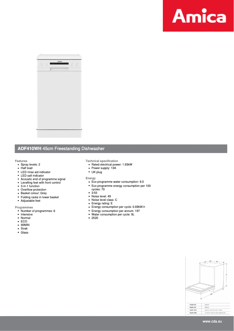 Page n°1 - Fiche technique Amica ADF410WH