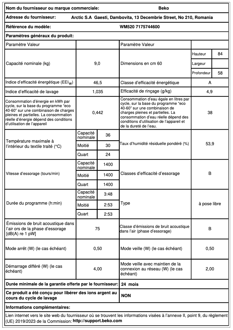 Page 1 de la notice Fiche technique Beko WM520
