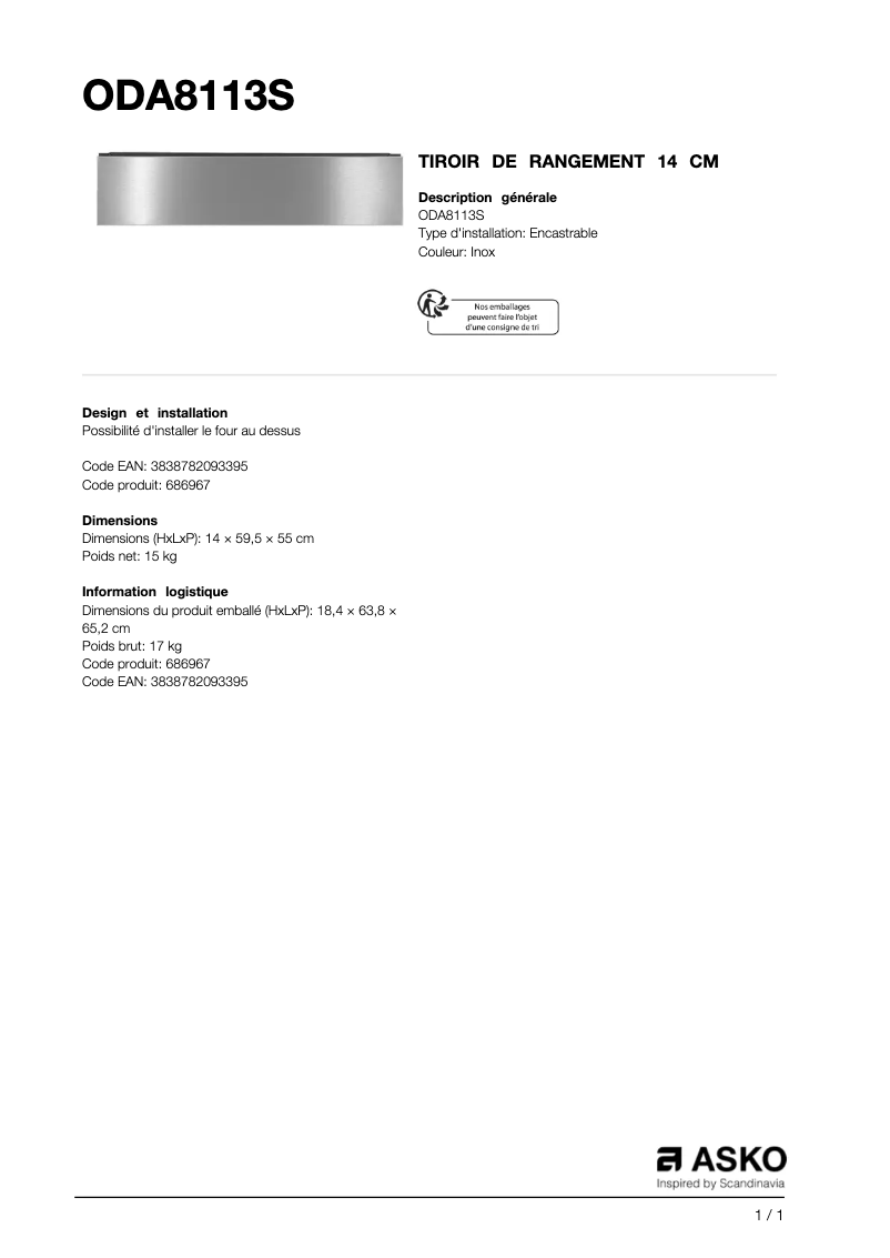 Page n°1 - Fiche technique Asko ODA8113S