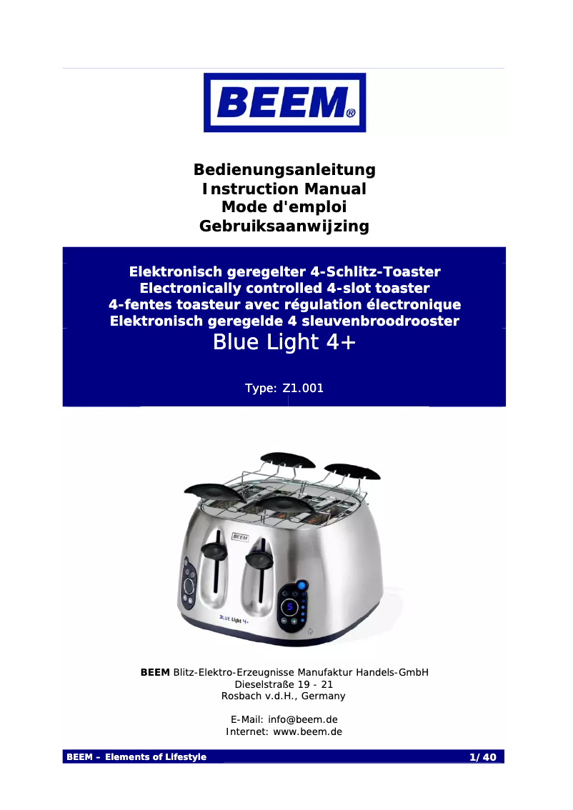 Page n°1 - Manuel utilisateur BEEM Blue Light 4+ Z1.001