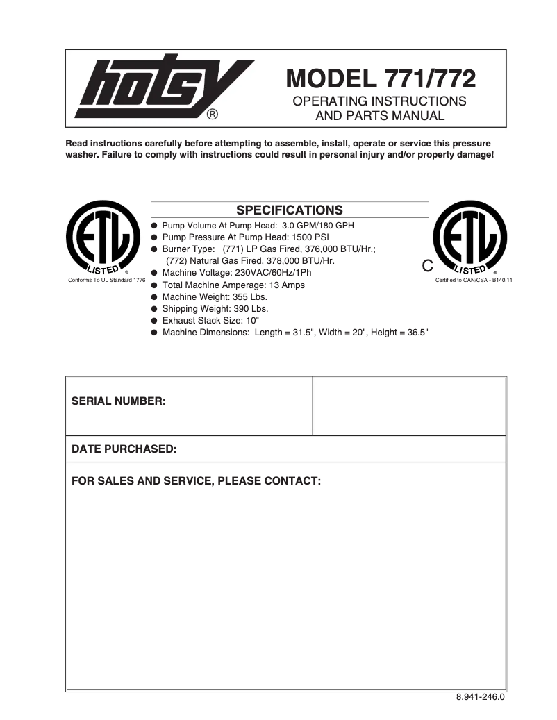 Page n°1 - Manuel utilisateur Hotsy 772