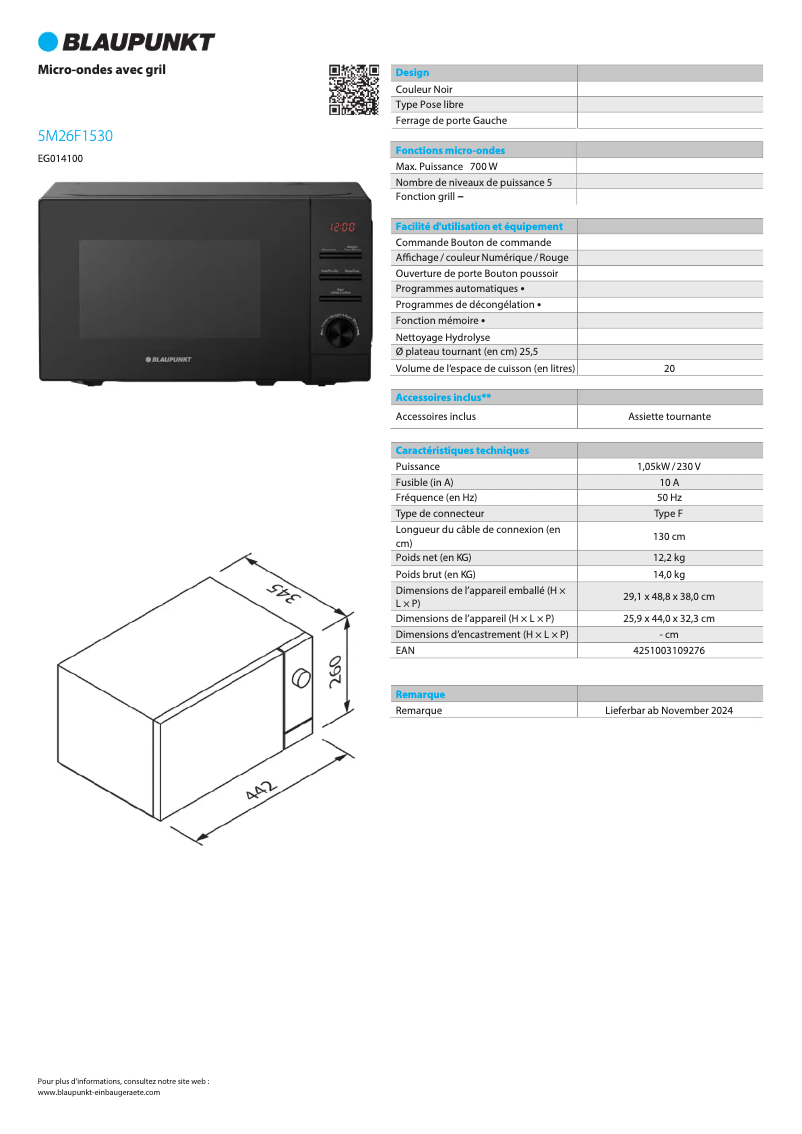 Page 1 de la notice Fiche technique Blaupunkt 5M26F1530