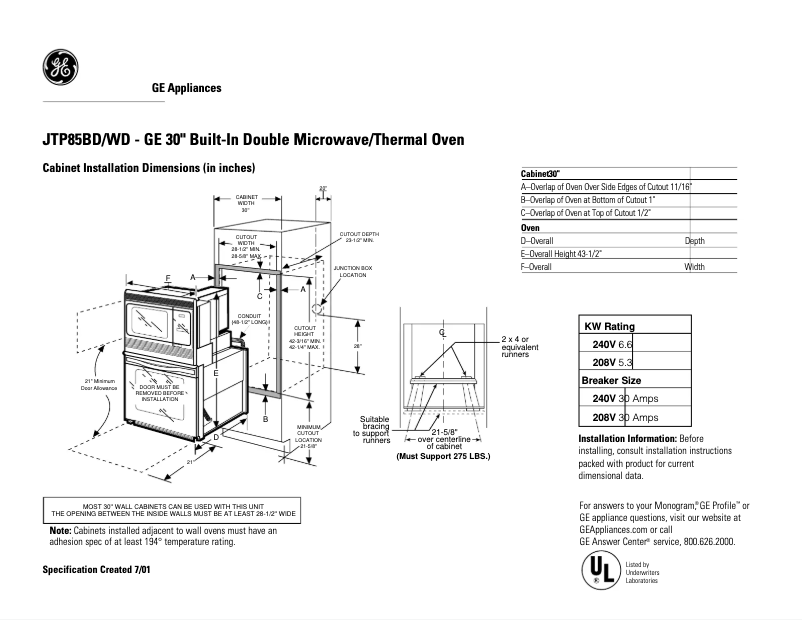 Página 1 del manual Ficha técnica GE JTP85WDWW