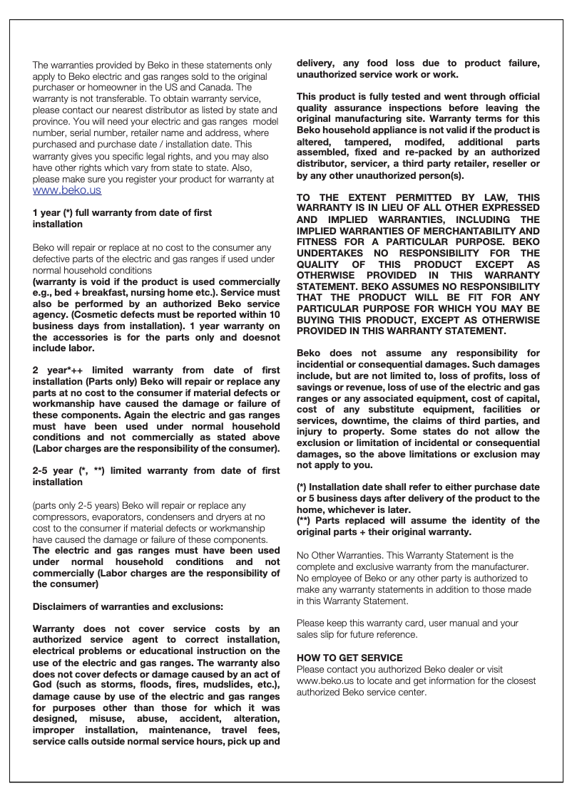 Page 1 de la notice Informations de garantie Beko SLGR30420SS