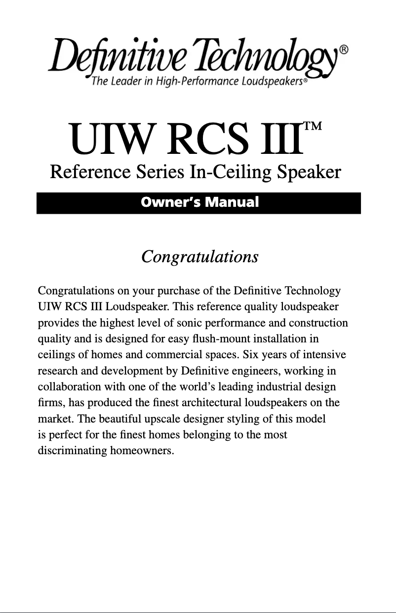 Page n°1 - Manuel utilisateur Definitive Technology UIW RCS III