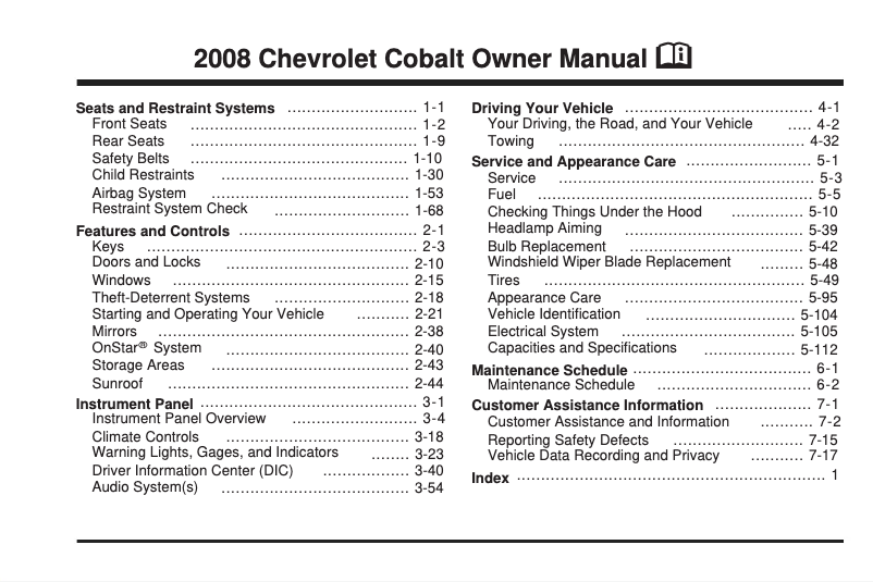 Page 1 de la notice Manuel utilisateur Chevrolet Cobalt (2008)
