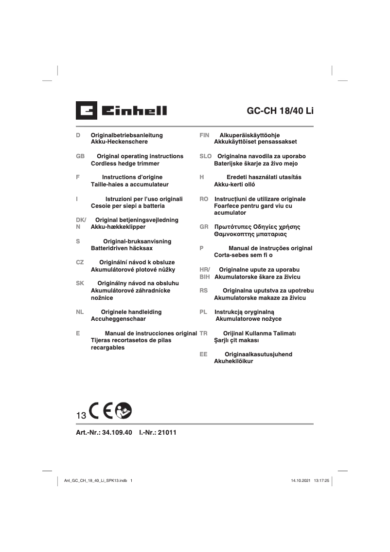 Page n°1 - Manuel utilisateur Einhell GC-CH 18/40 Li