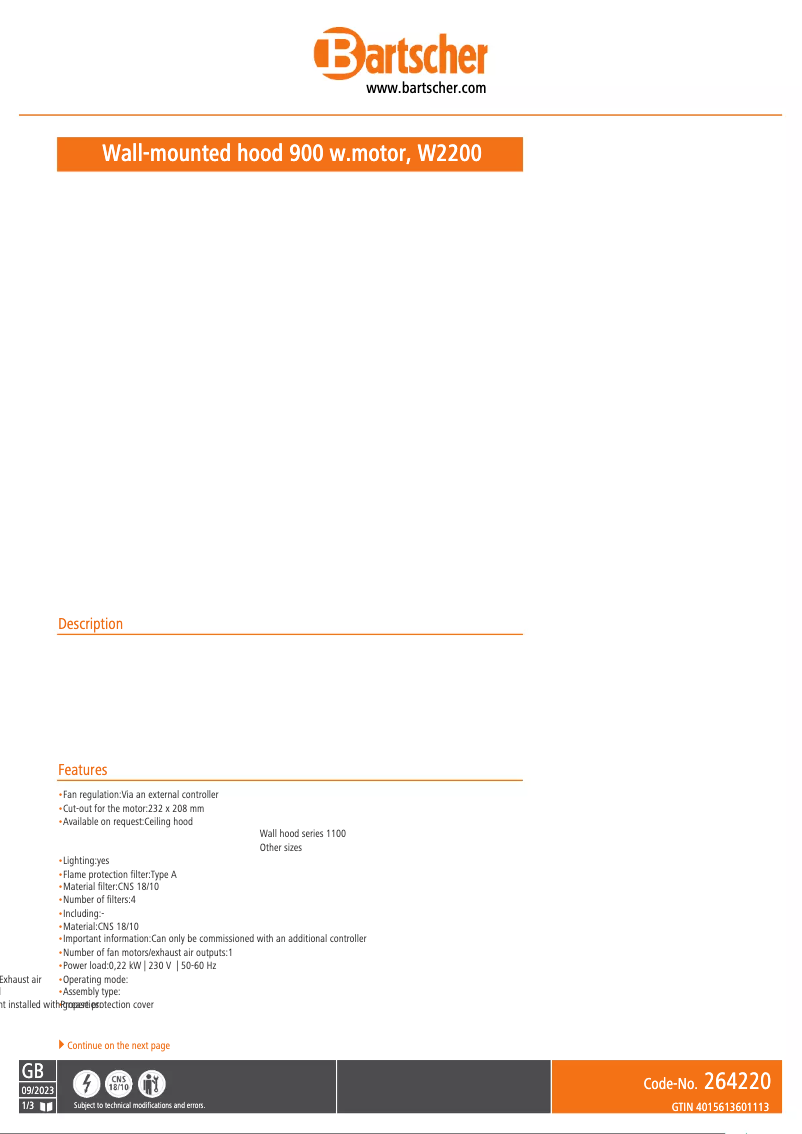 Page 1 de la notice Fiche technique Bartscher 264220