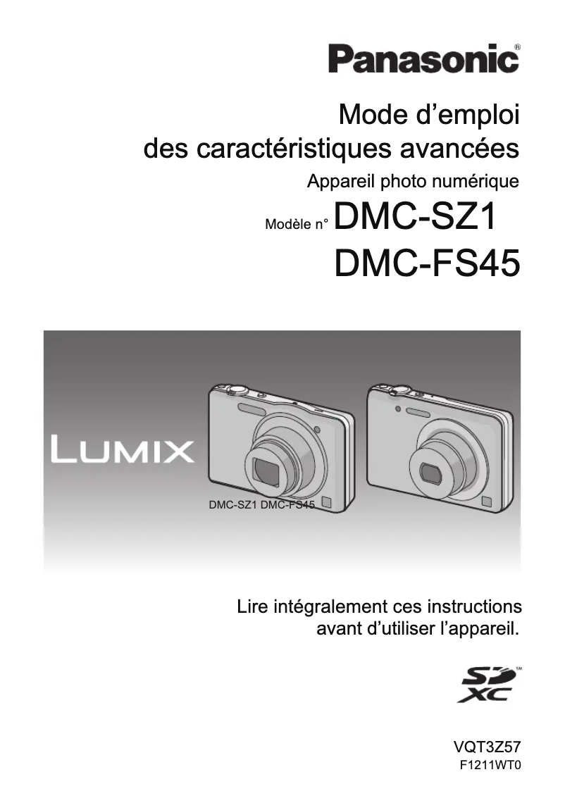 Page 1 de la notice Manuel utilisateur Panasonic Lumix DMC-SZ1