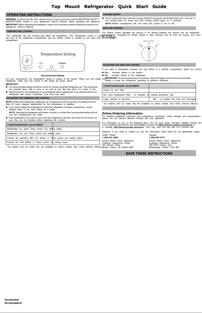 Page 1 de la notice Guide de démarrage rapide Amana ART308FFDB