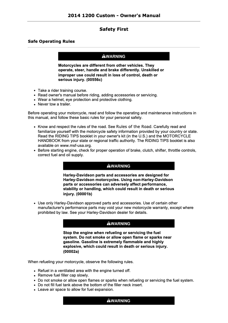 Page 1 de la notice Manuel utilisateur Harley-Davidson 1200 Custom (2014)