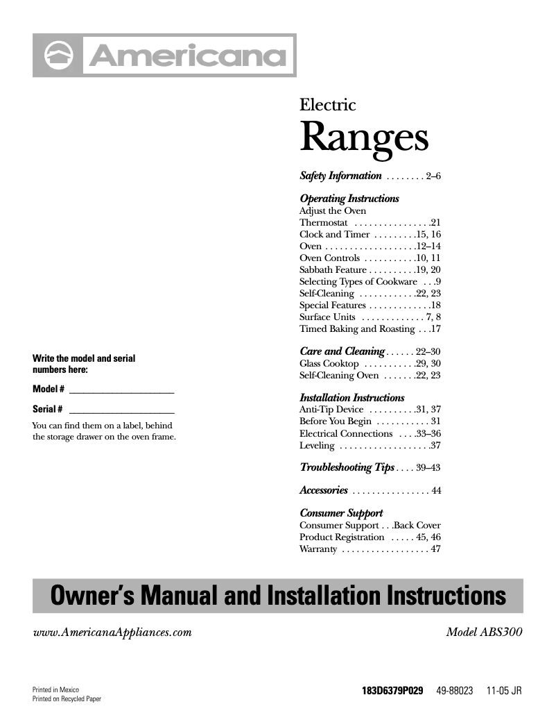 Page n°1 - Manuel d'utilisation et d'entretien Americana ABS300KBB