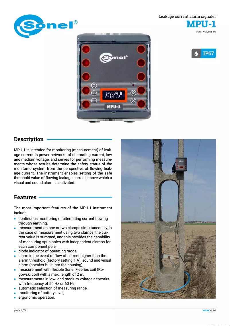 Page 1 de la notice Fiche technique Sonel MPU-1