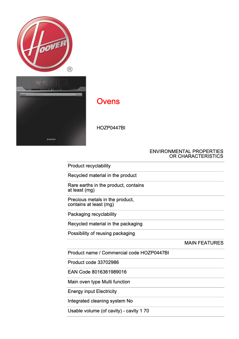 Página 1 del manual Ficha técnica Hoover H-OVEN STEAM 700 PLUS HOZP0447BI