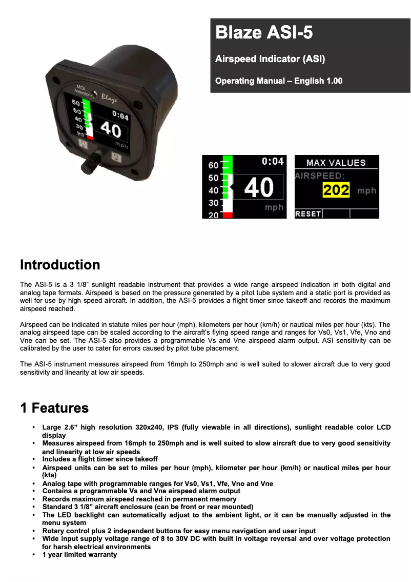 Page 1 de la notice Manuel utilisateur MGL Avionics Blaze ASI-5