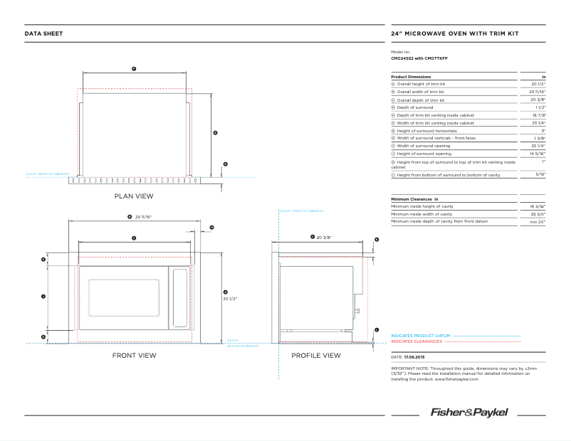 Page 1 de la notice Fiche technique Fisher & Paykel CMO24SS3Y
