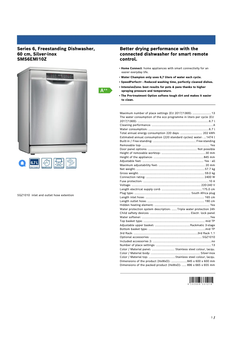 Página 1 del manual Ficha técnica Bosch SMS6EMI10Z