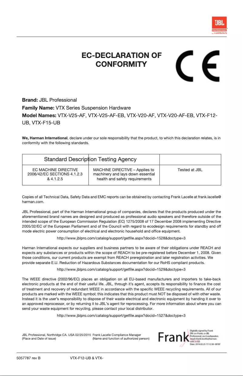 Page n°1 - Manuel utilisateur JBL VTX F15 UB