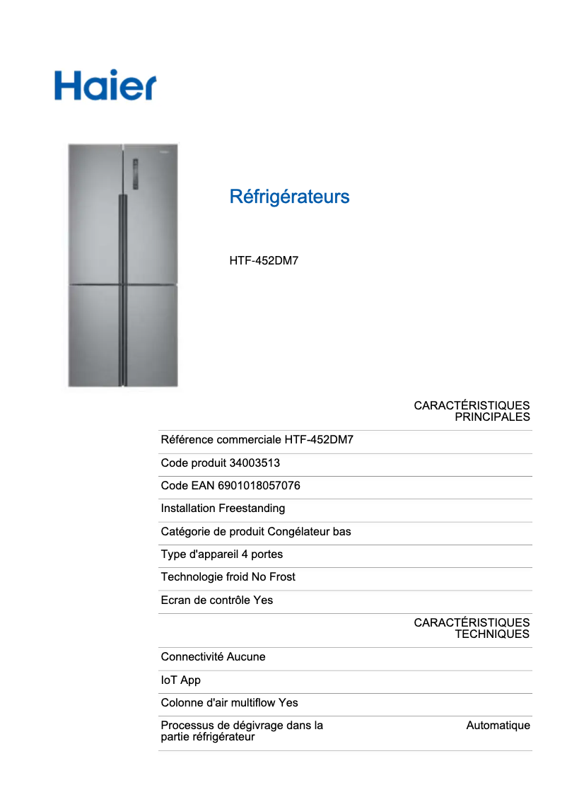 Page n°1 - Fiche technique Haier HTF-452DM7