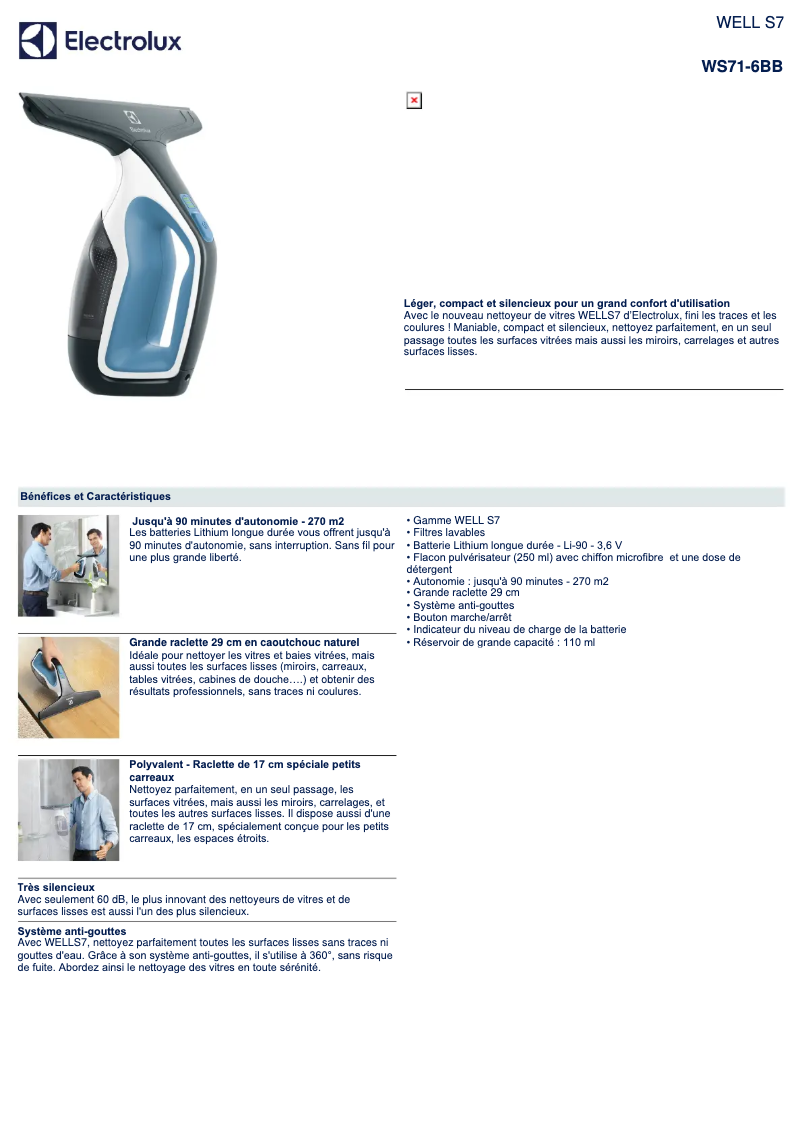 Page 1 de la notice Fiche technique Electrolux WELL S7 WS71-6BB