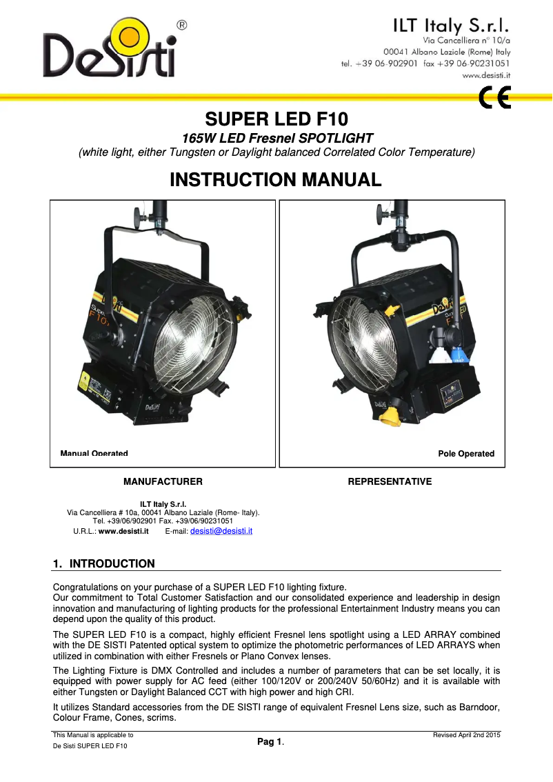 Page 1 de la notice Manuel utilisateur DeSisti Super LED F10