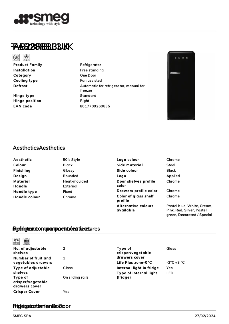 Page 1 de la notice Fiche technique Smeg FAB28RBL3UK