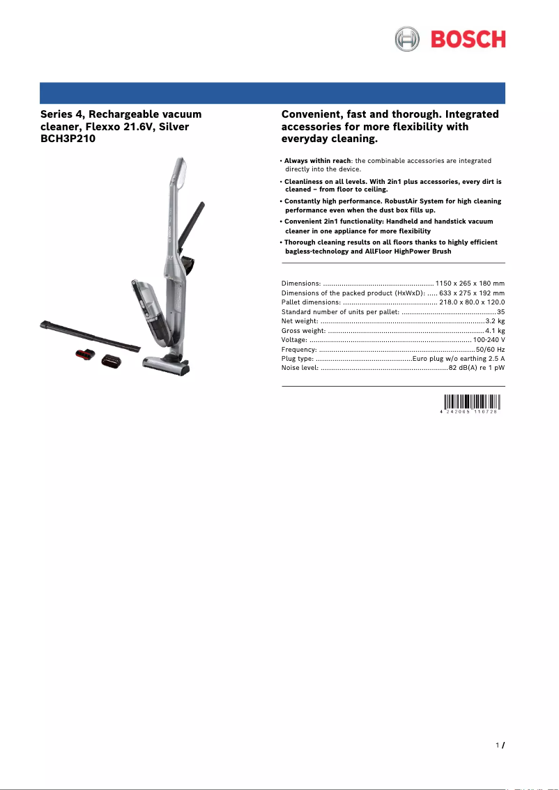 Page 1 de la notice Fiche technique Bosch Flexxo 2in1 BCH3P210