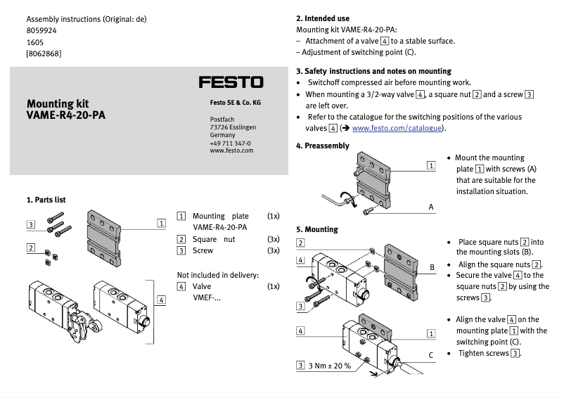 Page 1 de la notice Manuel utilisateur Festo VAME-R4-20-PA
