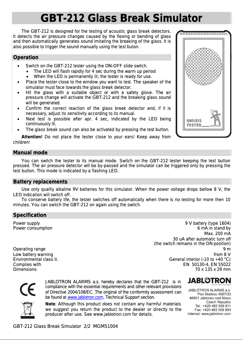 Page 1 de la notice Manuel utilisateur Joblotron GBT-212