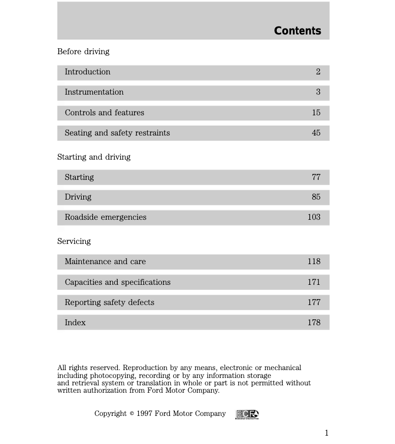 Page 1 de la notice Manuel utilisateur Mercury Tracer (1998)