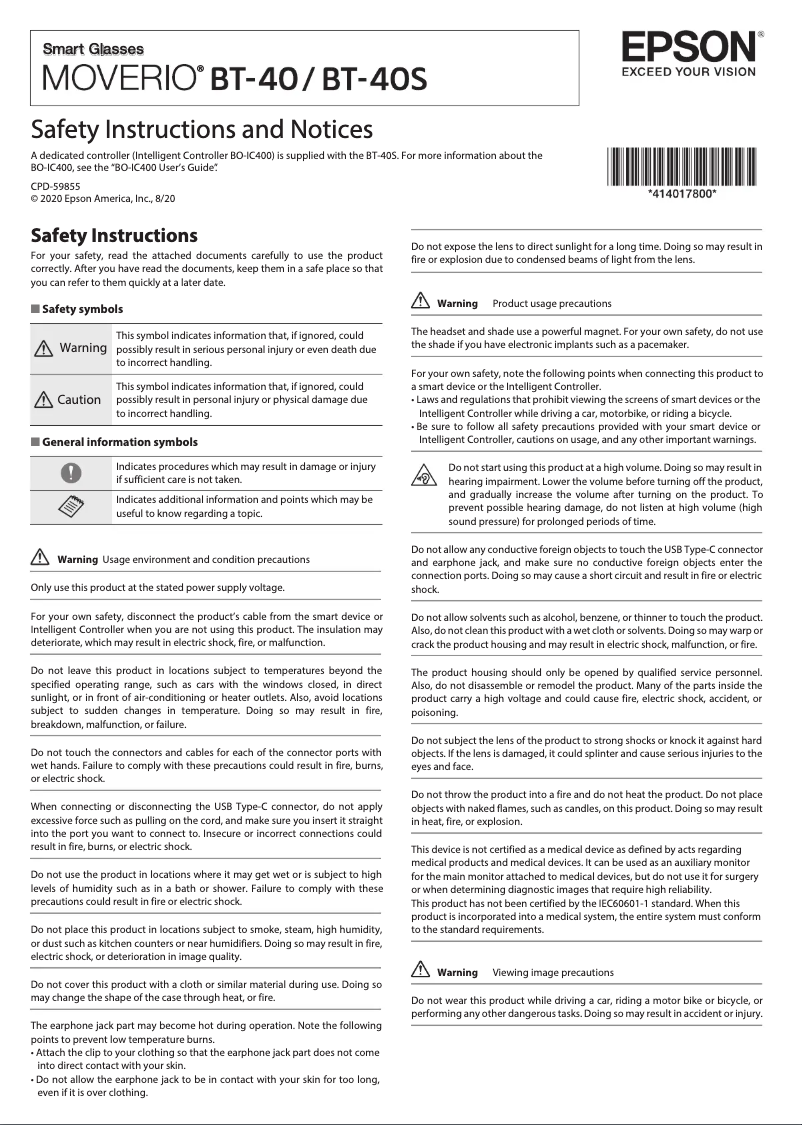 Page 1 de la notice Instructions de sécurité Epson Moverio BT-40