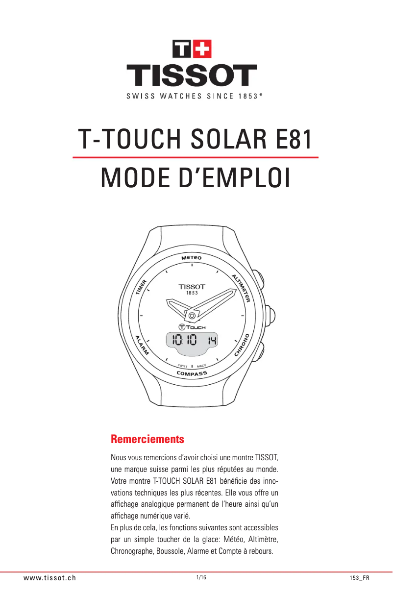 Page 1 de la notice Manuel utilisateur Tissot T-TOUCH Lady Solar Zermatt