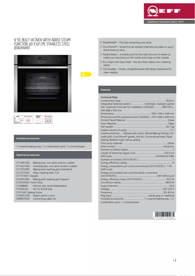 Page 1 de la notice Fiche technique Neff B3AVH4HN1