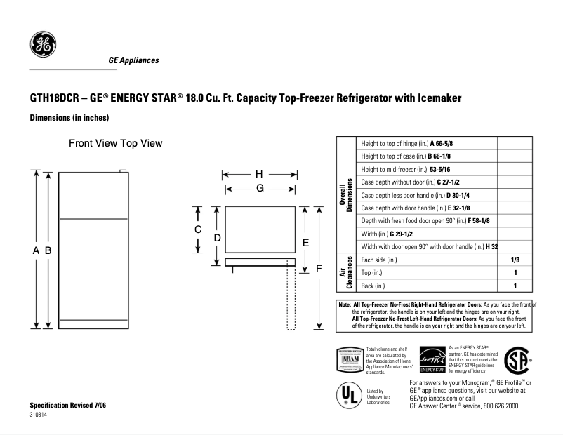Página 1 del manual Ficha técnica GE GTH18DCRLCC