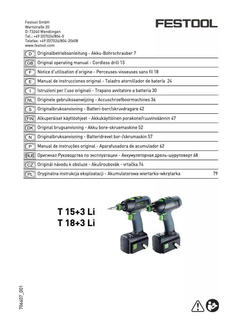Page n°1 - Manuel utilisateur Festool T 18+3 Li-Basic