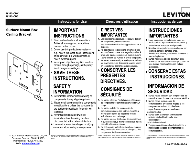 Page 1 de la notice Manuel utilisateur Leviton 49223-CBC