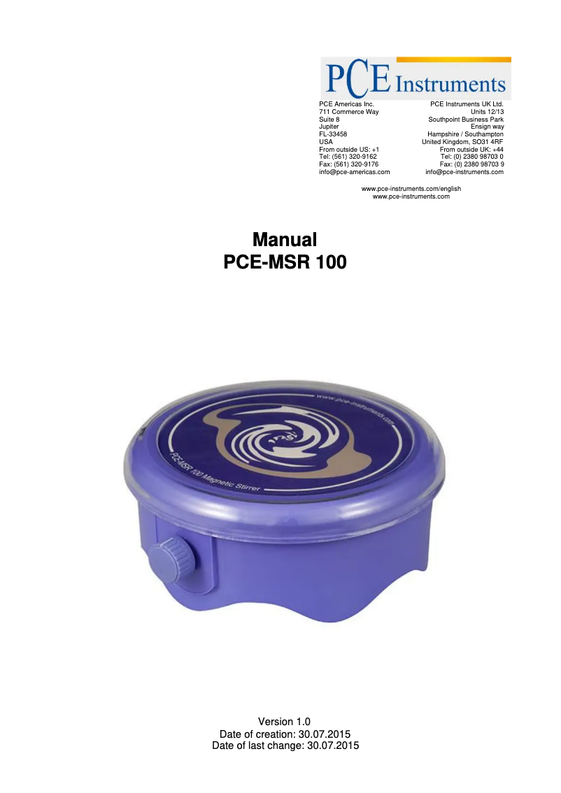 Page n°1 - Manuel utilisateur PCE Instruments PCE-MSR 100