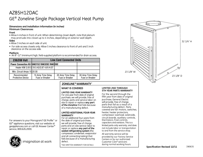 Page 1 of the manual Technical Sheet GE AZ85H12DAC