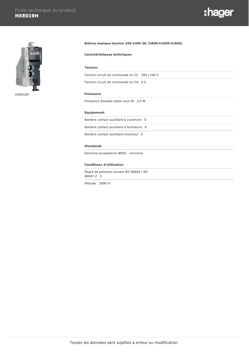 Page 1 de la notice Manuel utilisateur Hager HXE019H