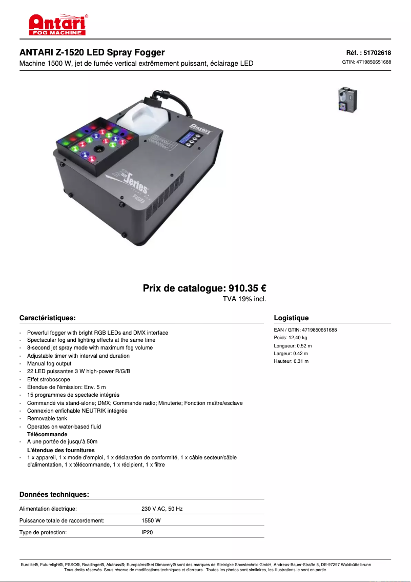 Page 1 de la notice Fiche technique Antari Z-1520