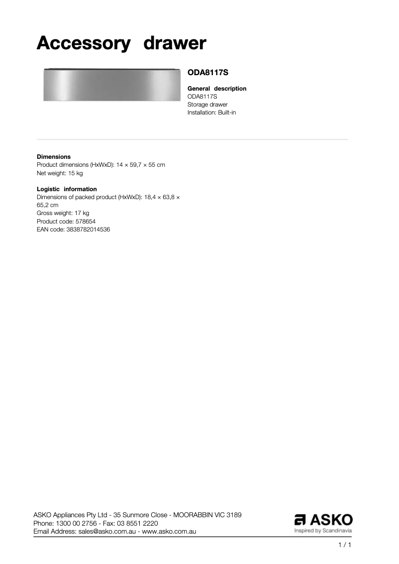 Page 1 de la notice Fiche technique Asko ODA8117S