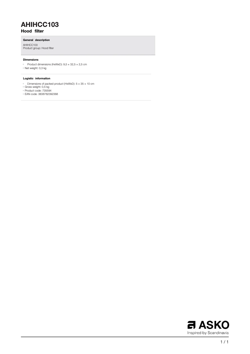 Page n°1 - Manuel utilisateur Asko AHIHCC103