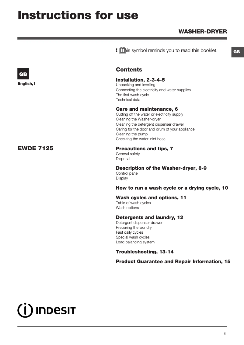 Page 1 de la notice Mode d'emploi Indesit EWDE 7125 S UK