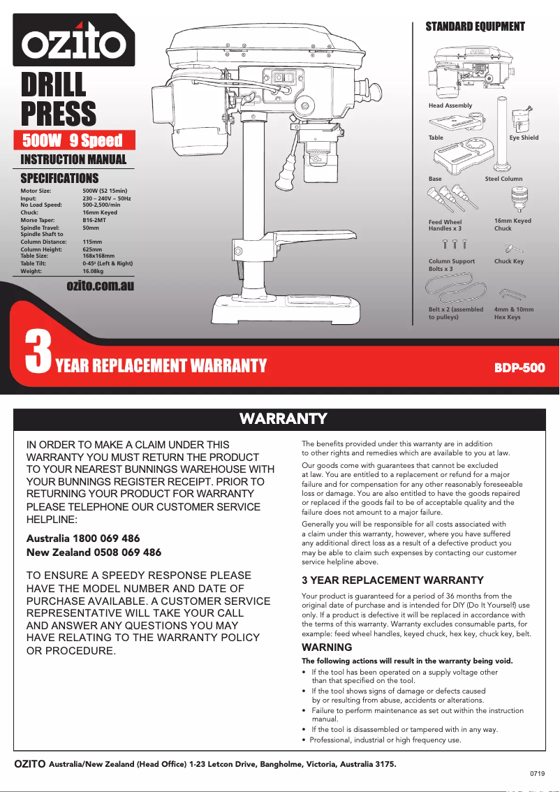 Page 1 de la notice Mode d'emploi Ozito BDP-500