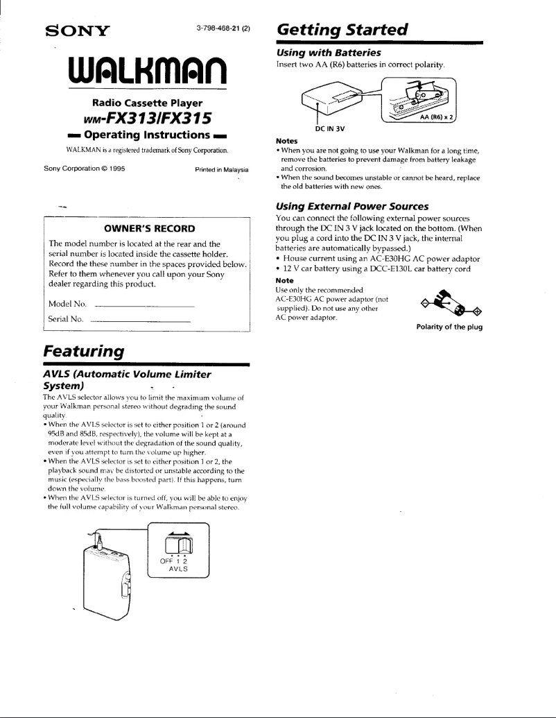 Page 1 de la notice Manuel utilisateur Sony Walkman WM-FX313