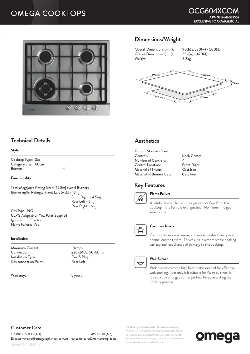 Page n°1 - Fiche technique Omega OCG604XCOM