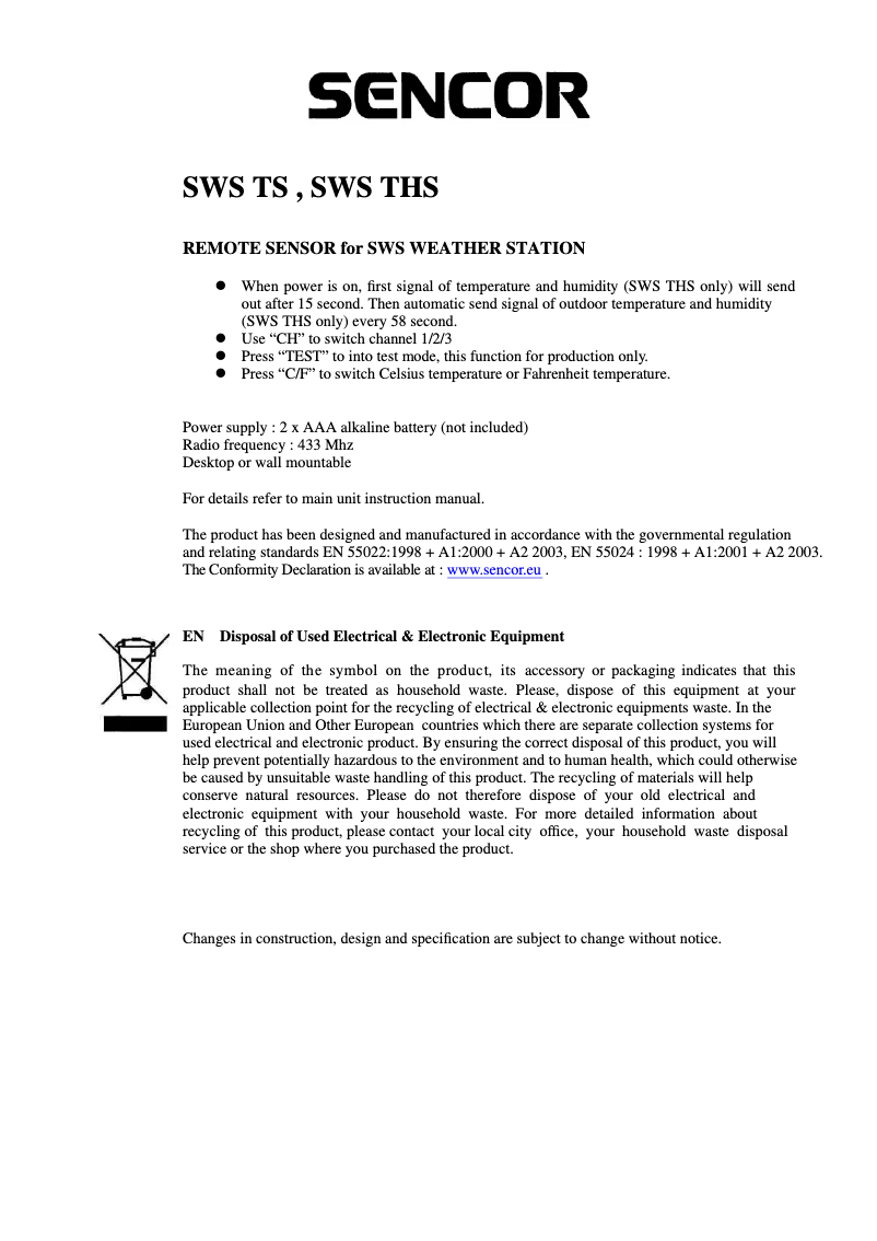 First page image of the manual for SWS THS